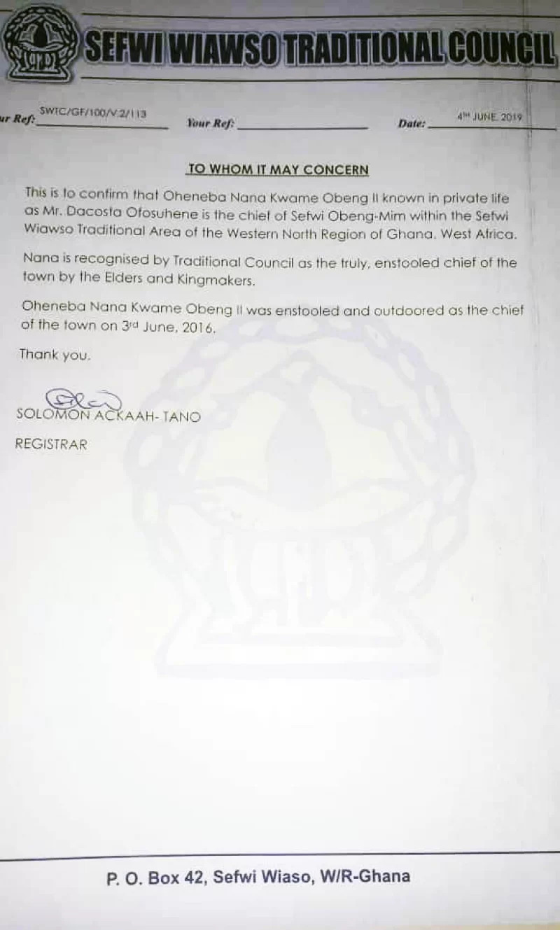 Recognition of Oheneba Nana Kwame Obeng-Mim by the Traditional Council (4 June 2019)